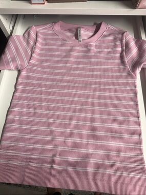 Active USA Pink & White Striped Ribbed Short Sleeve Tee